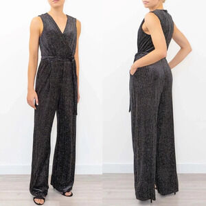 Anthropologie Greylin Black Shimmer Glitter Plunge Neck Wide Leg Jumpsuit Small